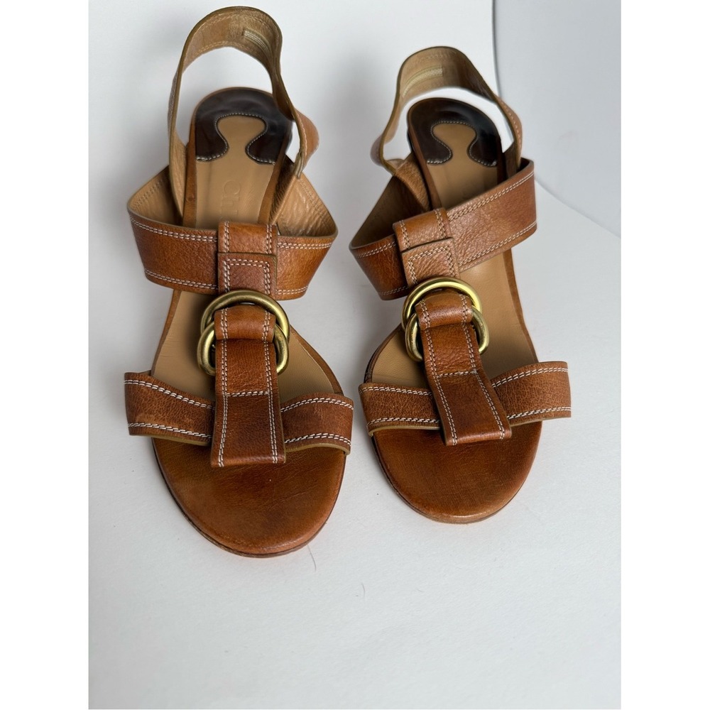 Chloé Leather Strappy Heels Cognac Gold Ring Slingback Sandals‎ EU 40 US 9